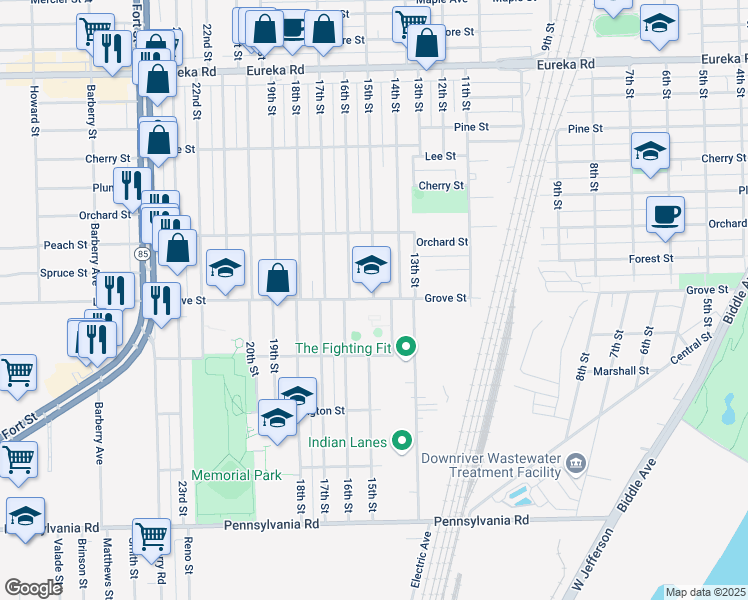 map of restaurants, bars, coffee shops, grocery stores, and more near 1501 Grove Street in Wyandotte