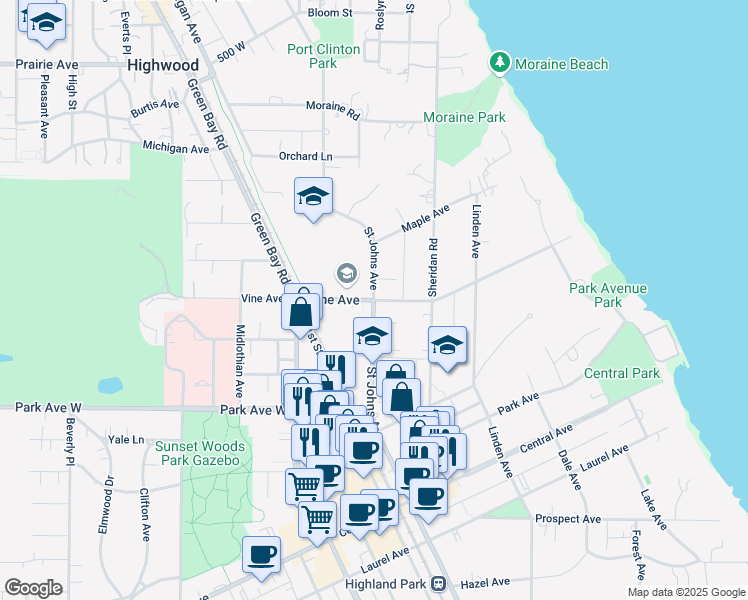 map of restaurants, bars, coffee shops, grocery stores, and more near Vine Avenue in Highland Park
