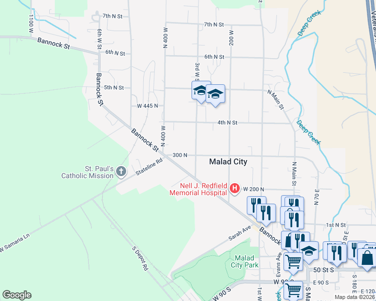 map of restaurants, bars, coffee shops, grocery stores, and more near 311 3rd West Street in Malad City