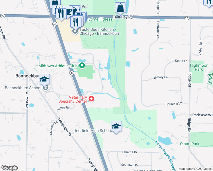 map of restaurants, bars, coffee shops, grocery stores, and more near 2121 Waukegan Road in Bannockburn