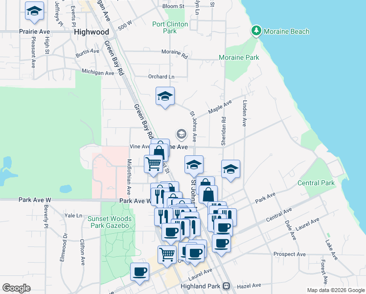 map of restaurants, bars, coffee shops, grocery stores, and more near 433 Vine Avenue in Highland Park