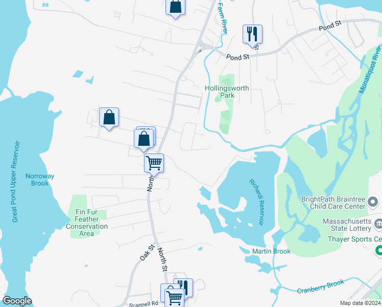 map of restaurants, bars, coffee shops, grocery stores, and more near 101 Barstow Drive in Braintree