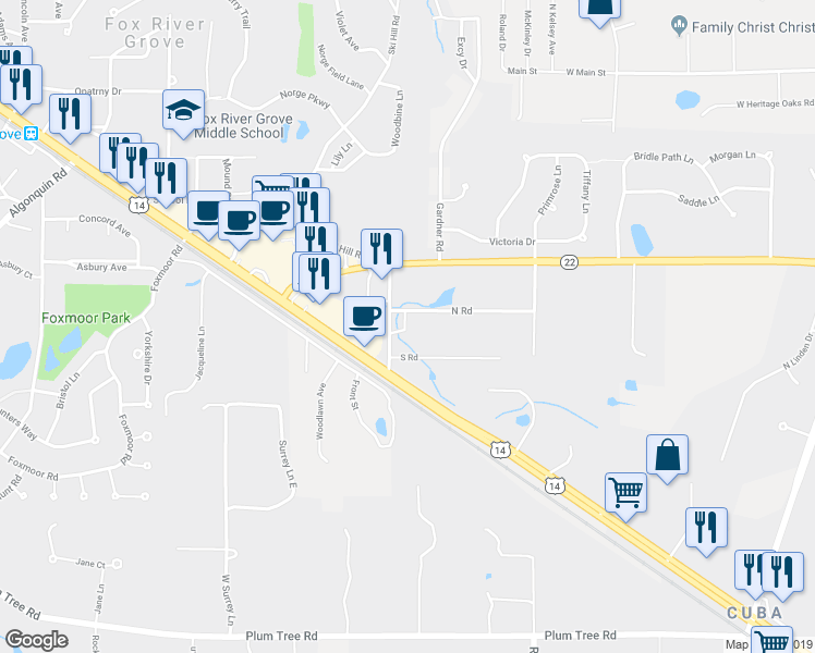 map of restaurants, bars, coffee shops, grocery stores, and more near 1001 North Road in Fox River Grove