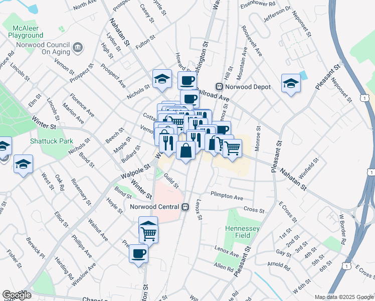 map of restaurants, bars, coffee shops, grocery stores, and more near 54 Broadway in Norwood
