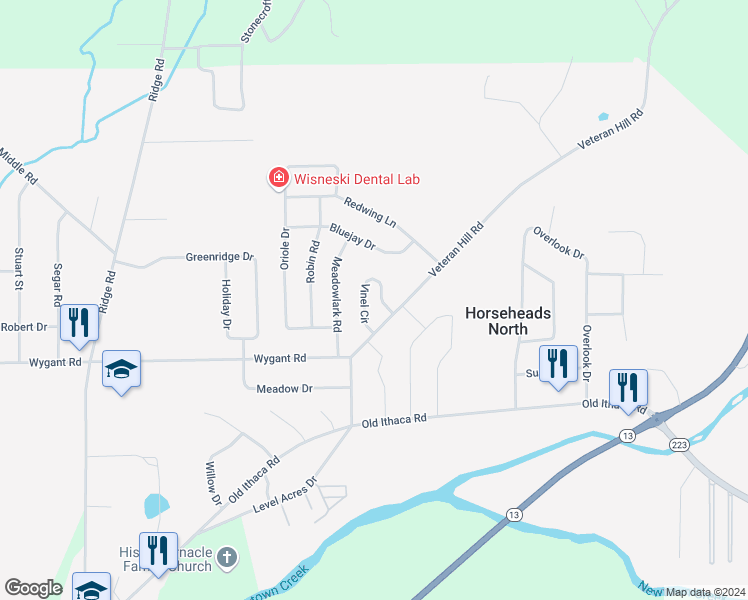 map of restaurants, bars, coffee shops, grocery stores, and more near 110 Vinel Circle in Horseheads