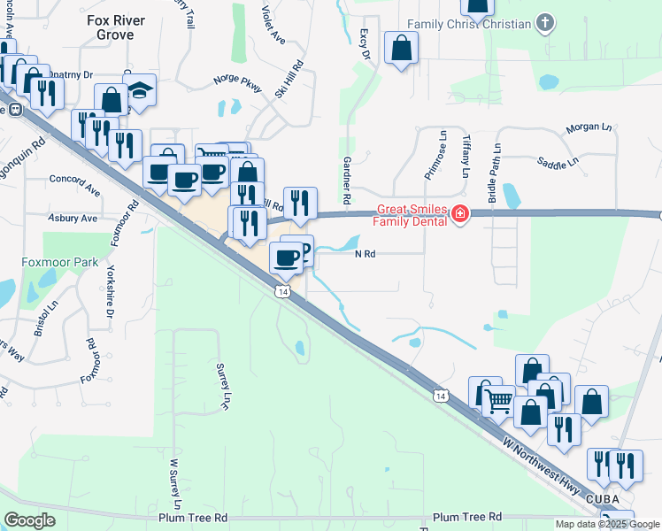 map of restaurants, bars, coffee shops, grocery stores, and more near 1001 North Road in Fox River Grove