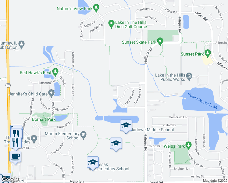 map of restaurants, bars, coffee shops, grocery stores, and more near 5702 Wildspring Drive in Lake in the Hills