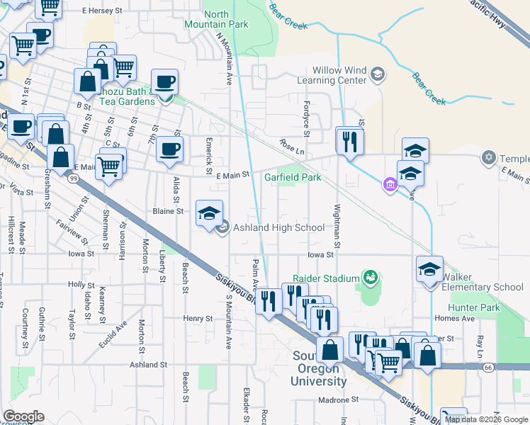 map of restaurants, bars, coffee shops, grocery stores, and more near 118 Lincoln Street in Ashland