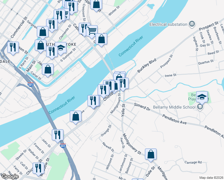map of restaurants, bars, coffee shops, grocery stores, and more near 1031 Massachusetts 116 in Chicopee