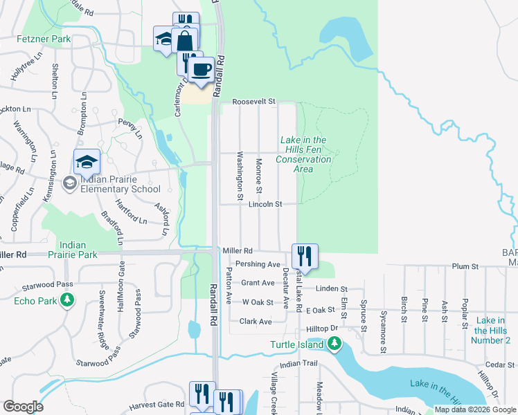 map of restaurants, bars, coffee shops, grocery stores, and more near 1353 Monroe Street in Lake in the Hills