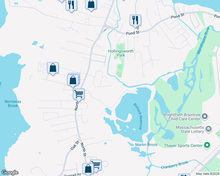 map of restaurants, bars, coffee shops, grocery stores, and more near 141 Barstow Drive in Braintree