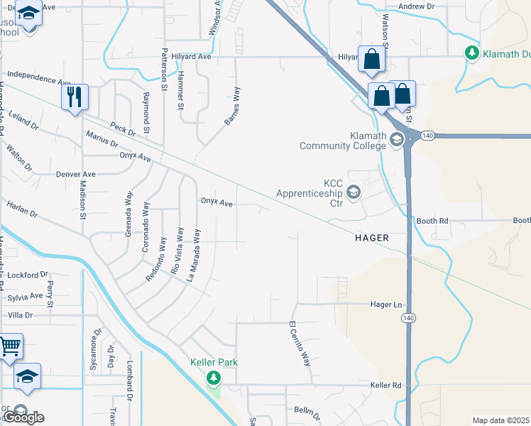 map of restaurants, bars, coffee shops, grocery stores, and more near 6610 Onyx Avenue in Klamath Falls
