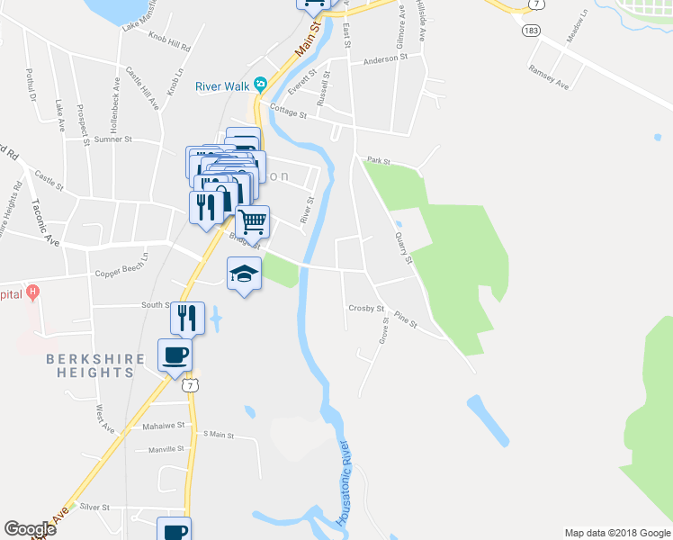 map of restaurants, bars, coffee shops, grocery stores, and more near 100 Bridge Street in Great Barrington