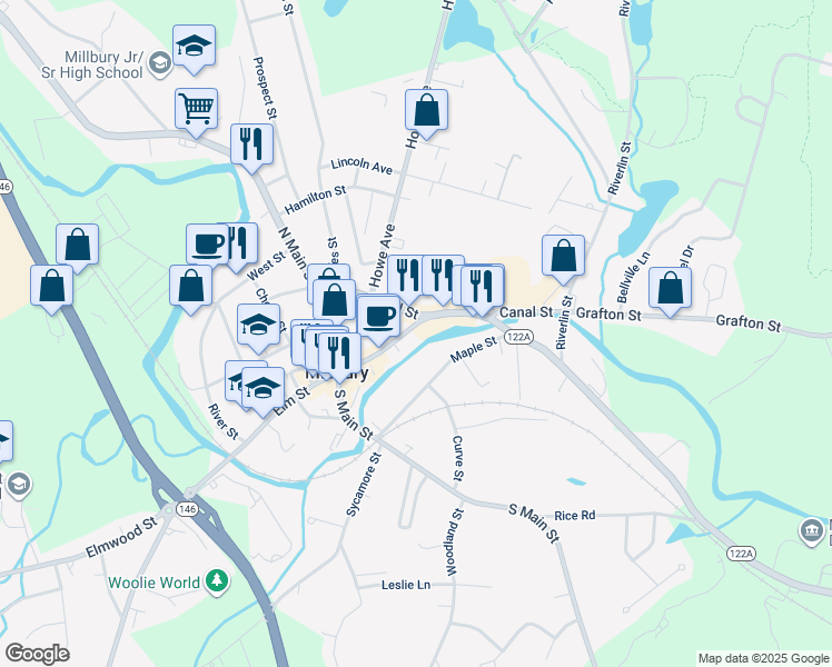 map of restaurants, bars, coffee shops, grocery stores, and more near 35 Maple Street in Millbury