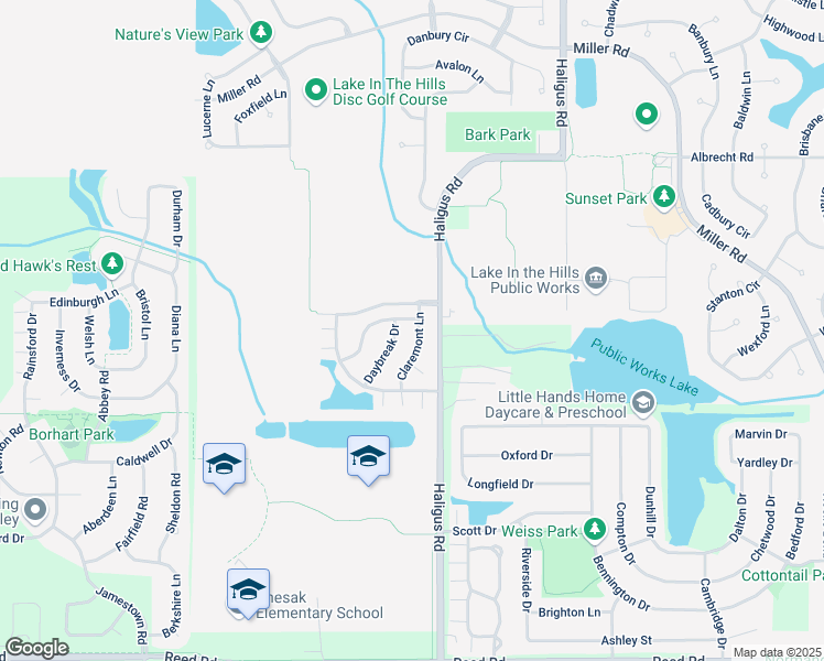 map of restaurants, bars, coffee shops, grocery stores, and more near 2331 Claremont Lane in Lake in the Hills