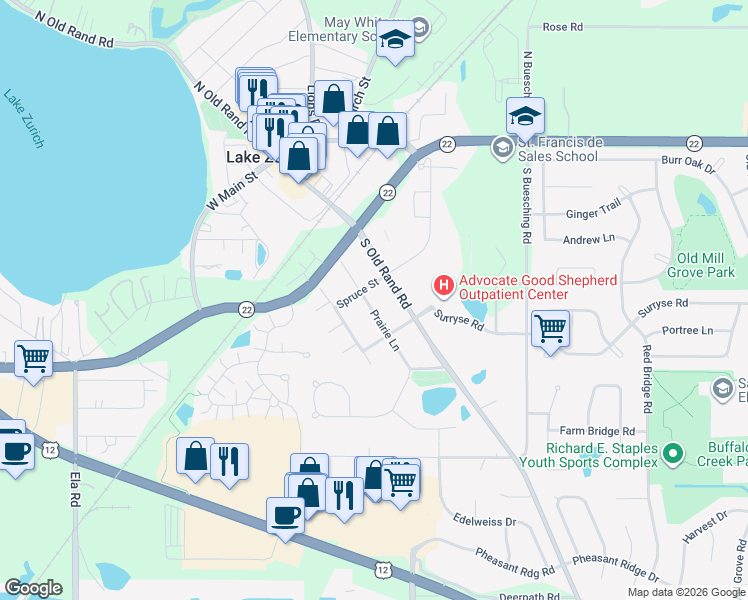map of restaurants, bars, coffee shops, grocery stores, and more near North Prairie Lane in Kildeer