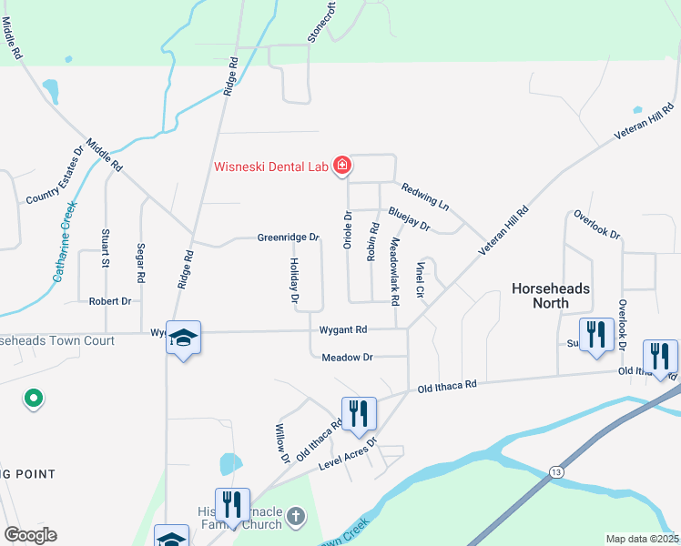 map of restaurants, bars, coffee shops, grocery stores, and more near 184 Greenridge Drive in Horseheads