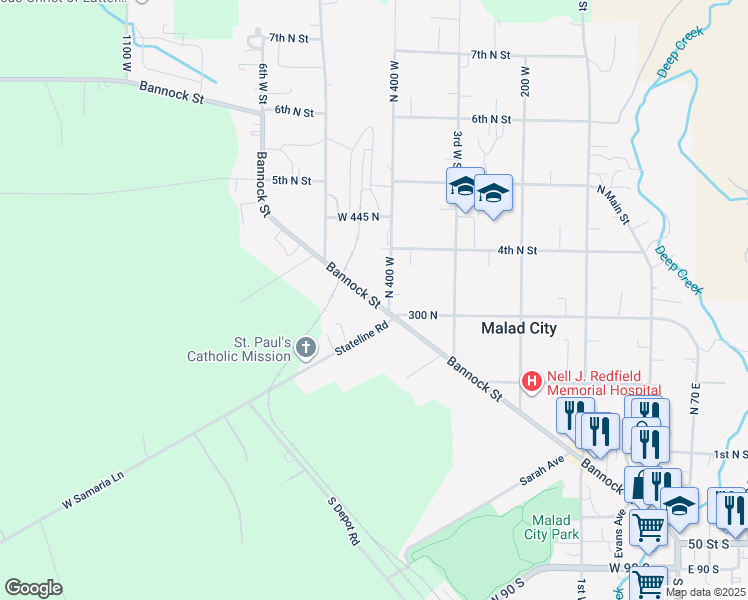 map of restaurants, bars, coffee shops, grocery stores, and more near 425 Bannock Street in Malad City