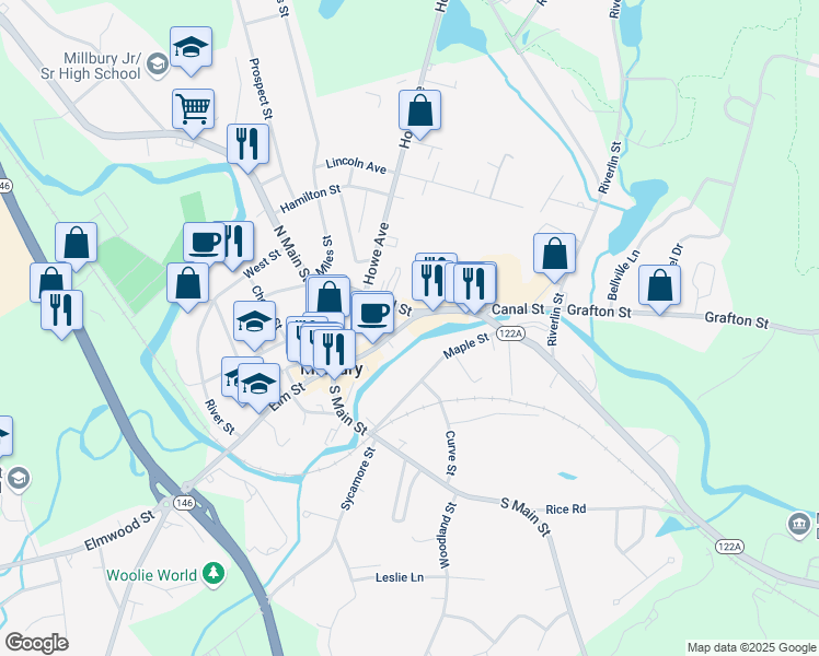 map of restaurants, bars, coffee shops, grocery stores, and more near 9 Elm Street in Millbury