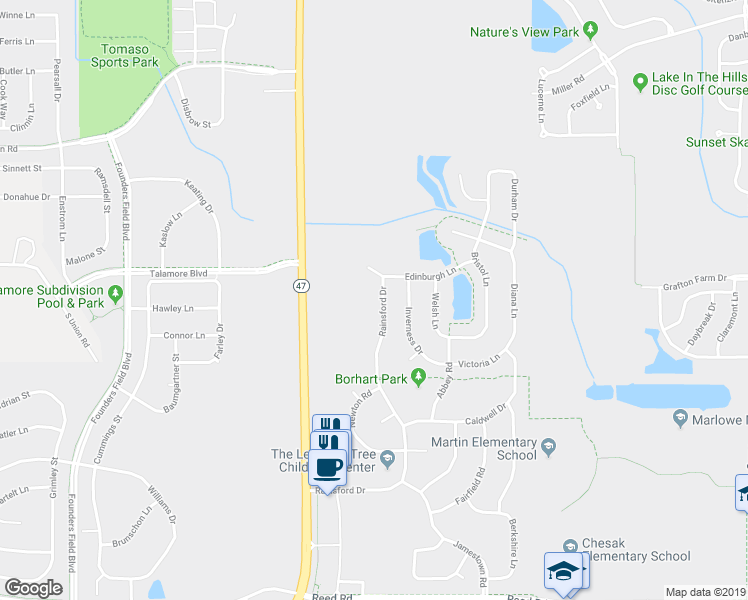 map of restaurants, bars, coffee shops, grocery stores, and more near 9405 Rainsford Drive in Huntley
