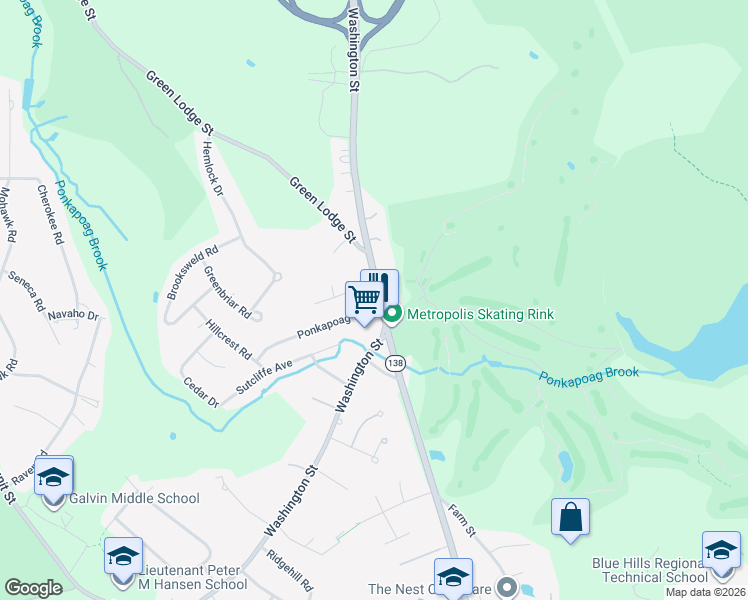 map of restaurants, bars, coffee shops, grocery stores, and more near 2187 Washington Street in Canton