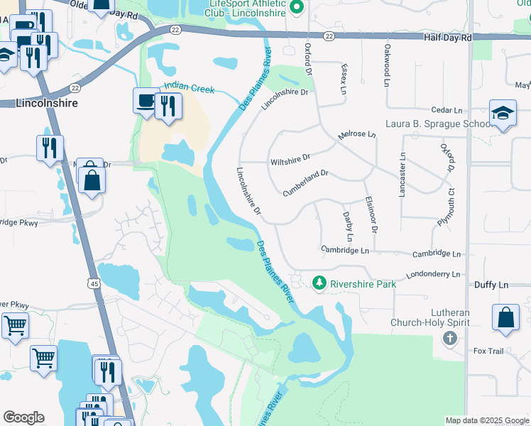map of restaurants, bars, coffee shops, grocery stores, and more near 52 Lincolnshire Drive in Lincolnshire