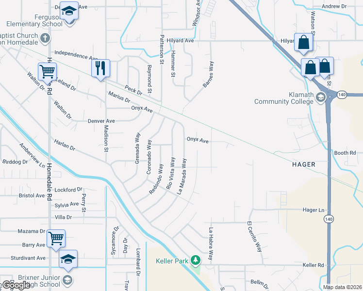 map of restaurants, bars, coffee shops, grocery stores, and more near 3859 Rio Vista Way in Klamath Falls