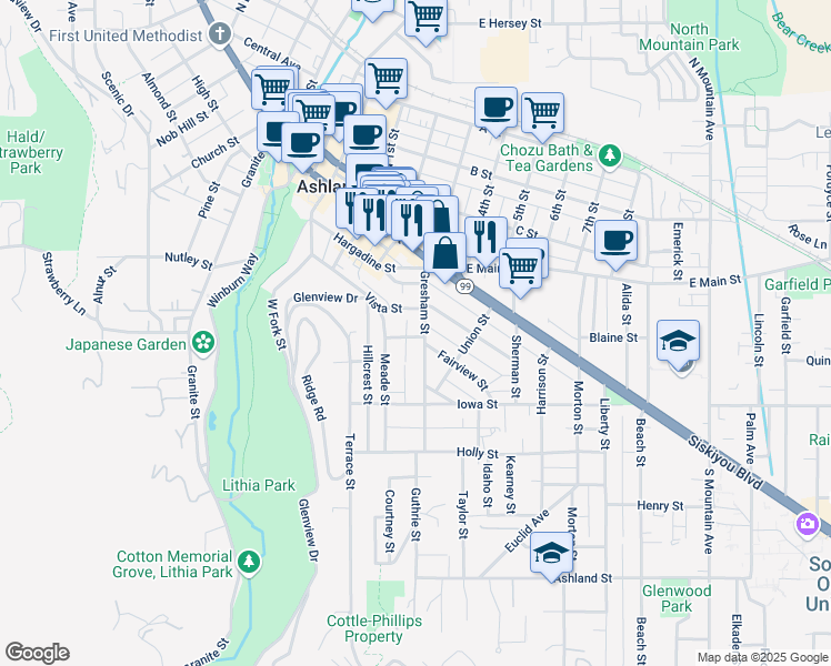 map of restaurants, bars, coffee shops, grocery stores, and more near 143 Gresham Street in Ashland