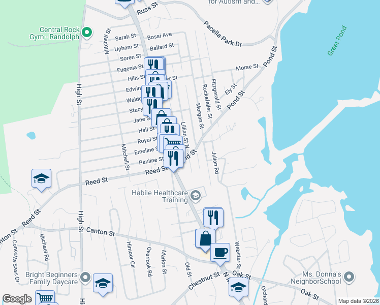 map of restaurants, bars, coffee shops, grocery stores, and more near 3 Lillian Street South in Randolph