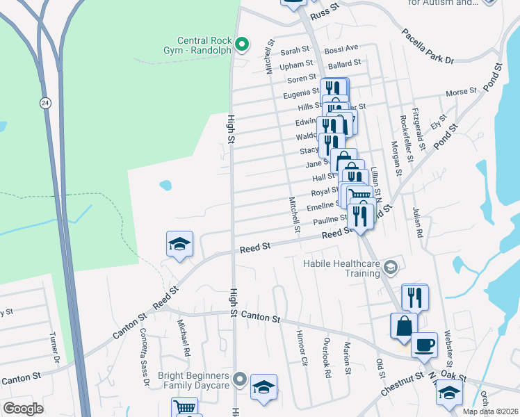 map of restaurants, bars, coffee shops, grocery stores, and more near 62 Emeline Street in Randolph