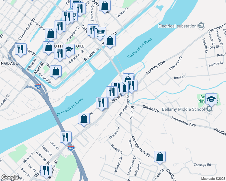 map of restaurants, bars, coffee shops, grocery stores, and more near 18 Tourtelotte Avenue in Chicopee