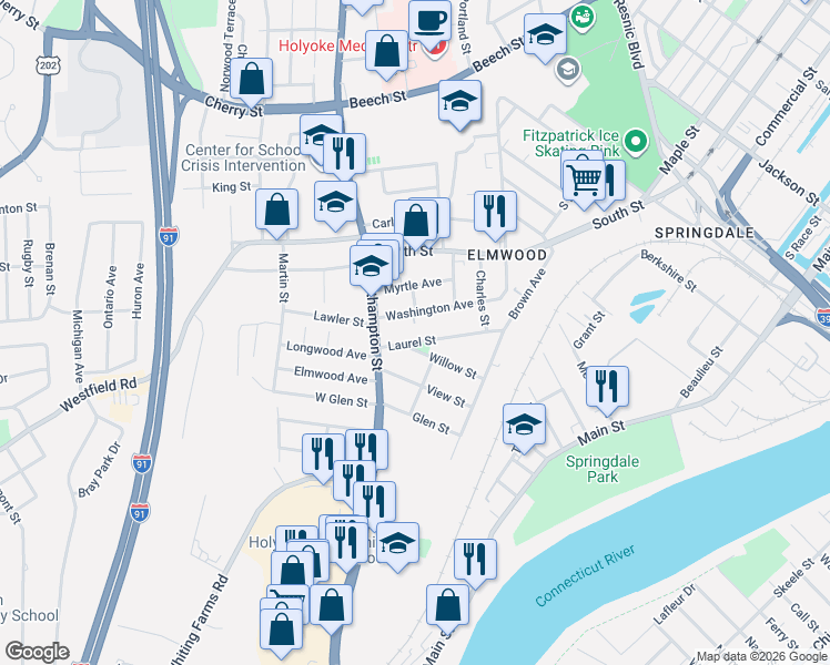 map of restaurants, bars, coffee shops, grocery stores, and more near 32 Willow Street in Holyoke