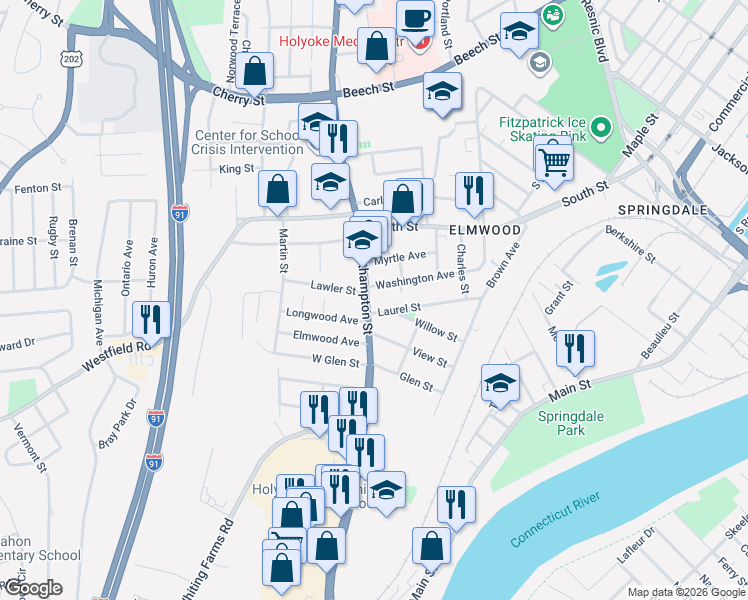 map of restaurants, bars, coffee shops, grocery stores, and more near 2057-2059 Northampton Street in Holyoke