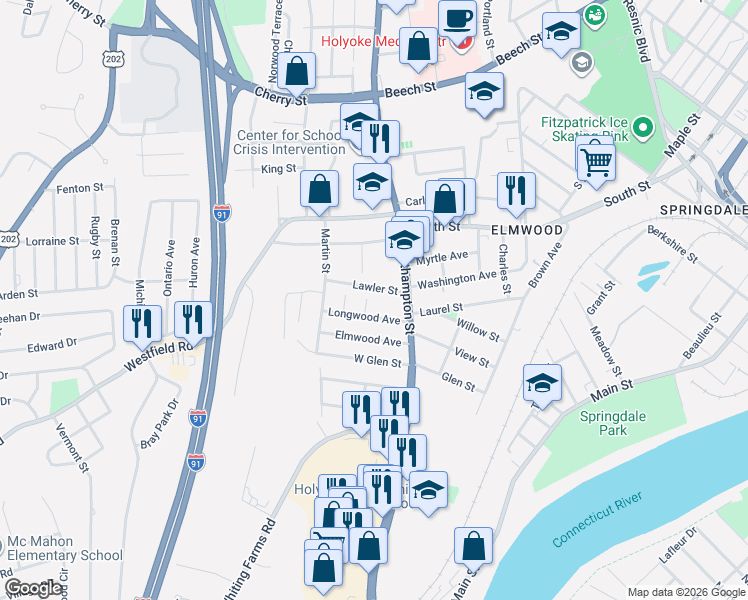 map of restaurants, bars, coffee shops, grocery stores, and more near 37-41 Longwood Avenue in Holyoke