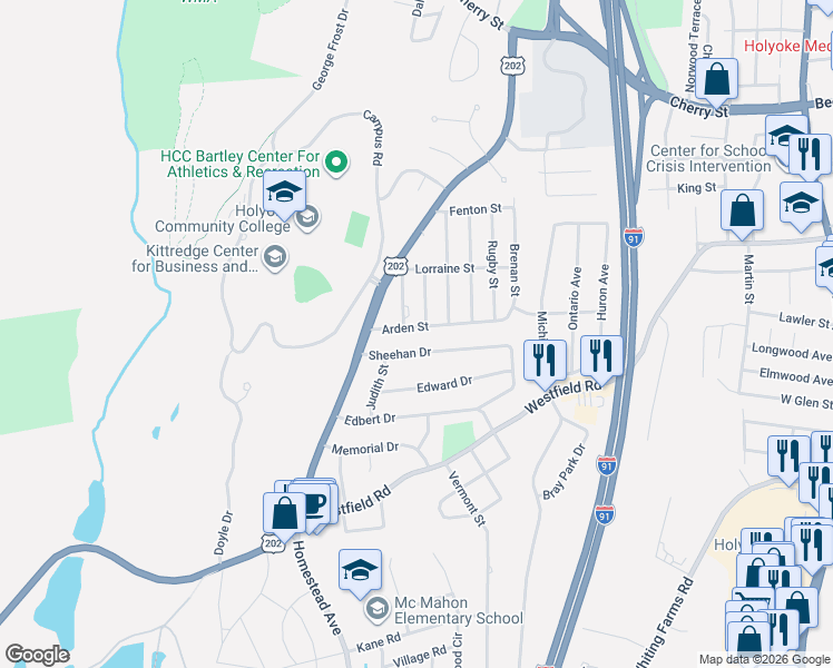 map of restaurants, bars, coffee shops, grocery stores, and more near 141 Sheehan Drive in Holyoke