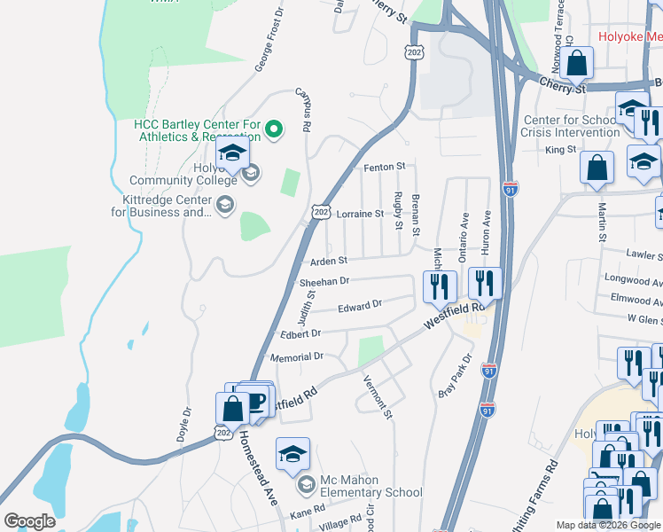 map of restaurants, bars, coffee shops, grocery stores, and more near 141 Sheehan Drive in Holyoke