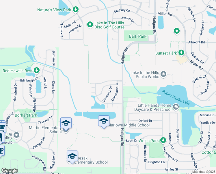 map of restaurants, bars, coffee shops, grocery stores, and more near 2233 Daybreak Drive in Lake in the Hills