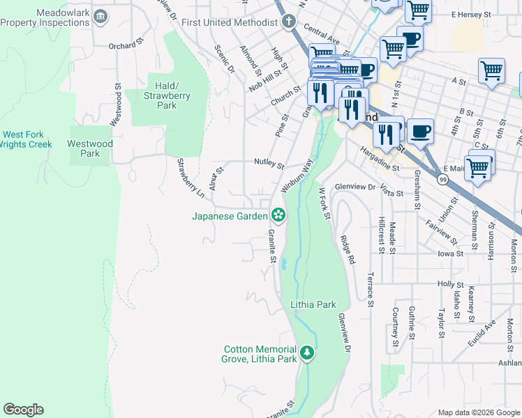 map of restaurants, bars, coffee shops, grocery stores, and more near in Ashland