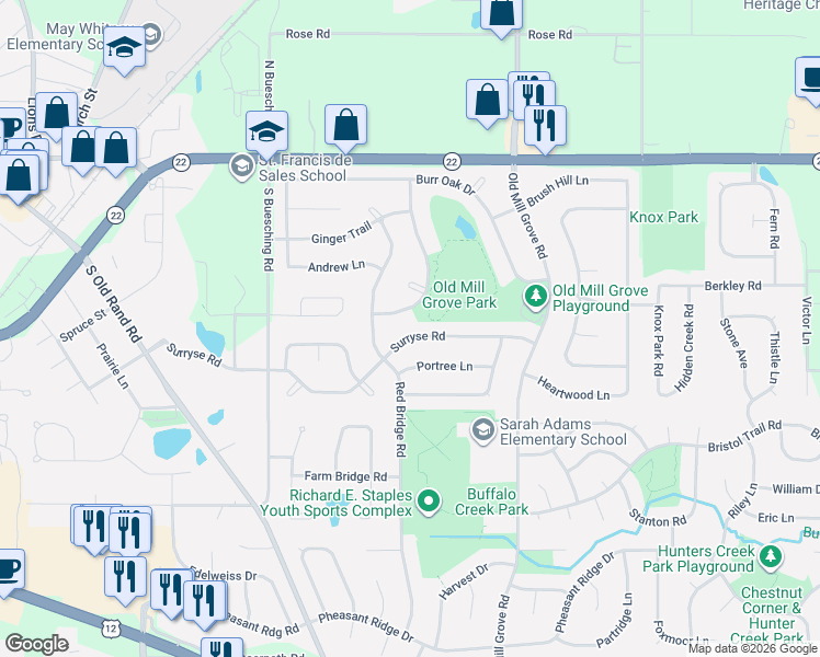 map of restaurants, bars, coffee shops, grocery stores, and more near 639 Surryse Road in Lake Zurich