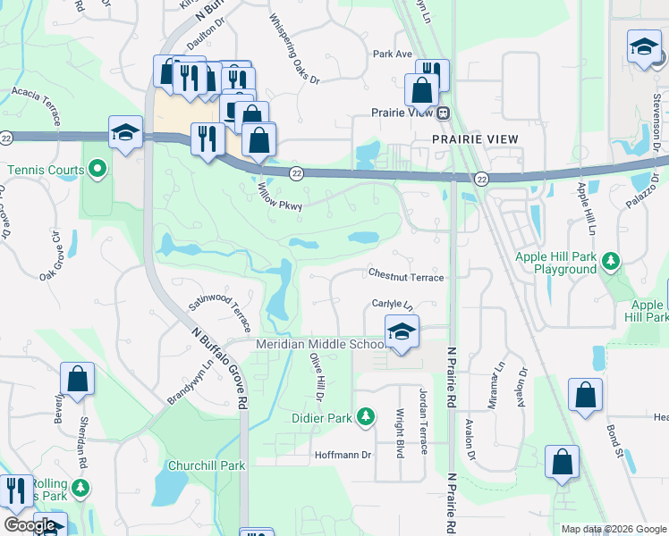 map of restaurants, bars, coffee shops, grocery stores, and more near 2318 Acorn Place in Buffalo Grove