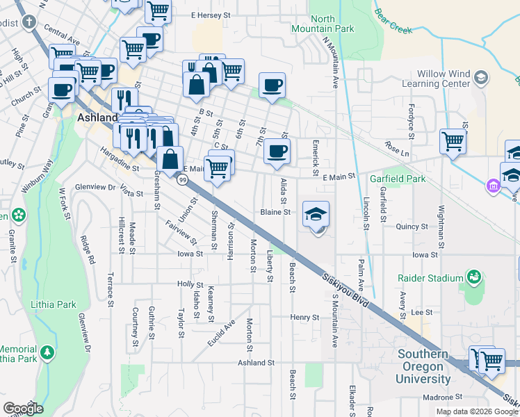 map of restaurants, bars, coffee shops, grocery stores, and more near 689 Siskiyou Boulevard in Ashland
