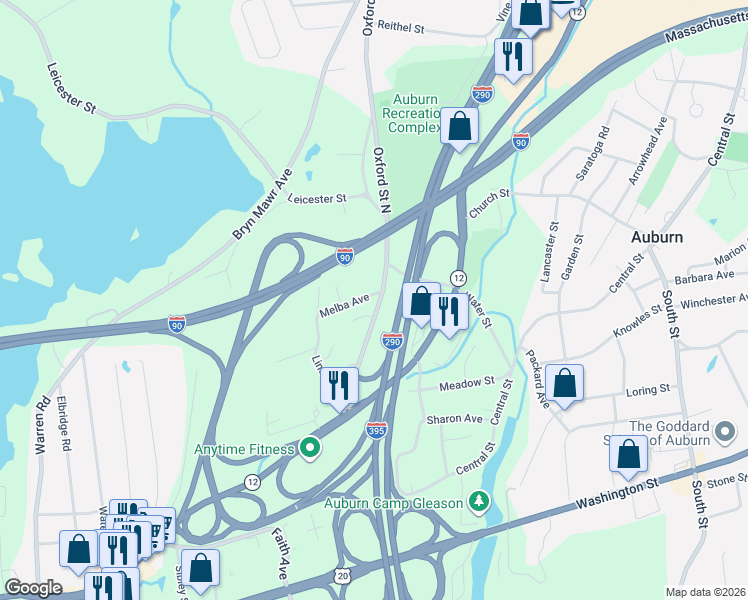 map of restaurants, bars, coffee shops, grocery stores, and more near 1 Melba Avenue in Auburn