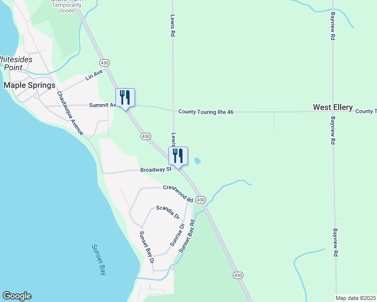map of restaurants, bars, coffee shops, grocery stores, and more near 4694 Lewis Road in Bemus Point