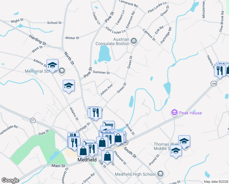 map of restaurants, bars, coffee shops, grocery stores, and more near 48 Green Street in Medfield