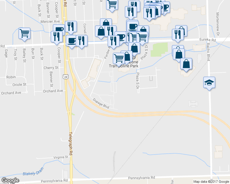 map of restaurants, bars, coffee shops, grocery stores, and more near 15746 Dupage Boulevard in Taylor