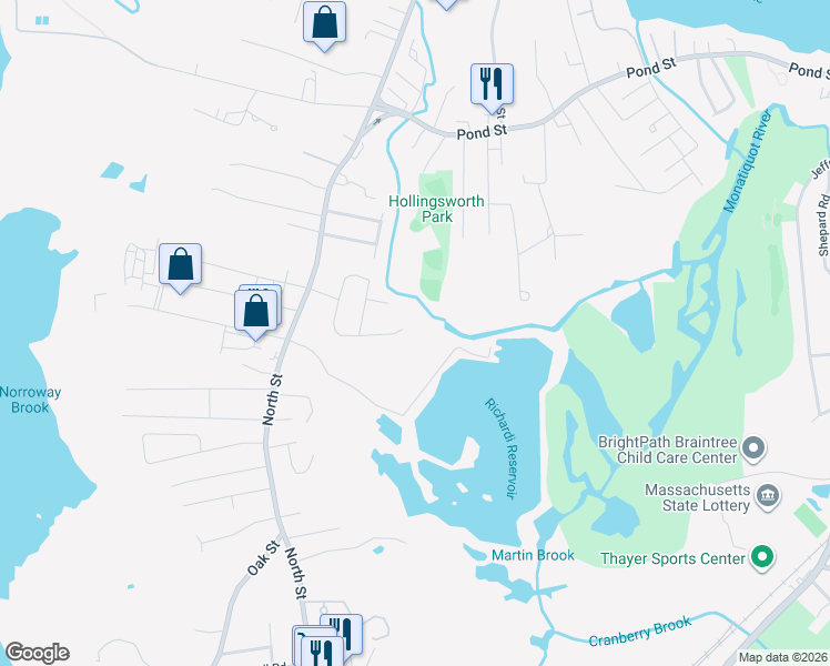 map of restaurants, bars, coffee shops, grocery stores, and more near 141 Barstow Drive in Braintree