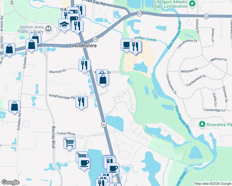 map of restaurants, bars, coffee shops, grocery stores, and more near 565 Rivershire Place in Lincolnshire