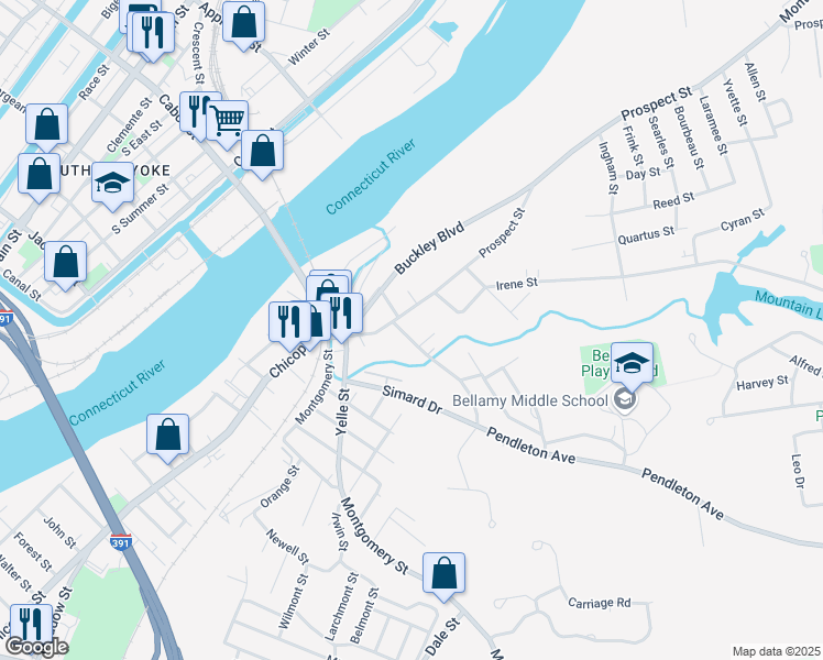 map of restaurants, bars, coffee shops, grocery stores, and more near 20 Pendleton Avenue in Chicopee