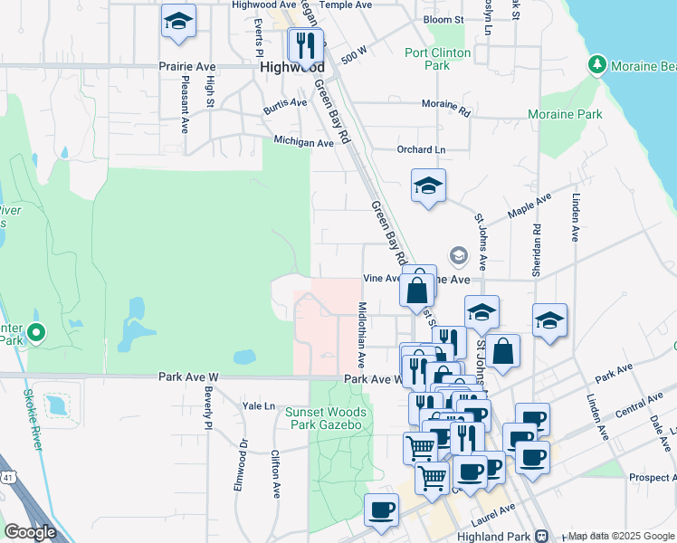 map of restaurants, bars, coffee shops, grocery stores, and more near 649 Vine Avenue in Highland Park