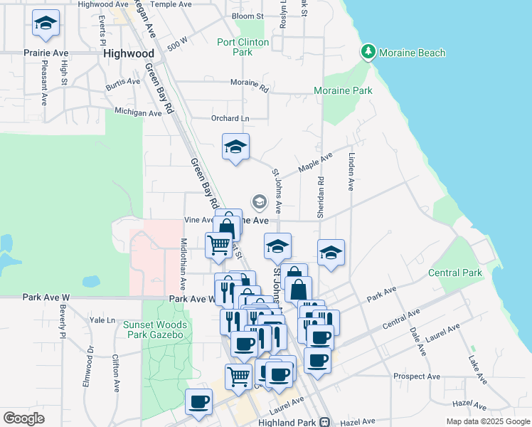 map of restaurants, bars, coffee shops, grocery stores, and more near 433 Vine Avenue in Highland Park